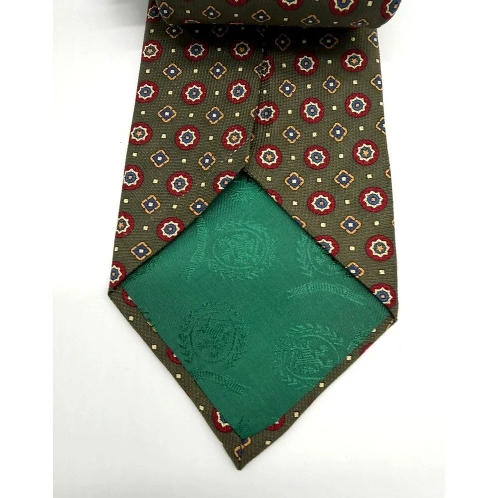 Tommy Hilfiger Silk Tie Mens Olive Green Red Geometric Medallion Made in USA